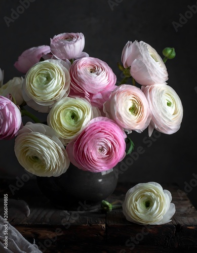 A beautiful arrangement of pastel-colored flowers in a vase on a wooden table