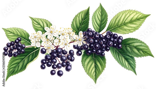 A beautiful arrangement of lush green leaves, vibrant purple berries, and delicate white flowers on a crisp white background