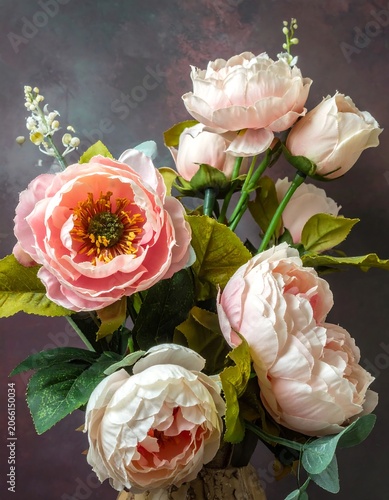 A beautiful bouquet of pink and white roses in a vase on a dark background