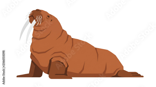 Minimalist full body flat vector illustration of a majestic walrus with prominent tusks isolated on a clean white background