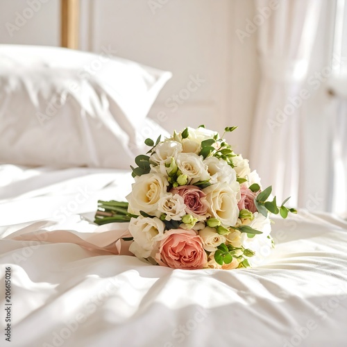 A beautiful bouquet of white and pink flowers on a bed