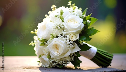 A beautiful bouquet of white roses and baby's breath flowers