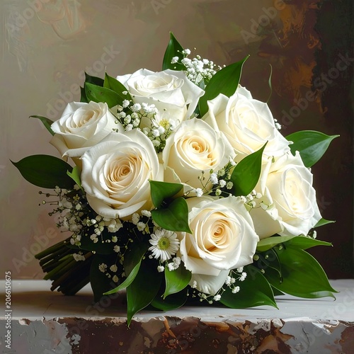 A beautiful bouquet of white roses and baby's breath on a worn surface