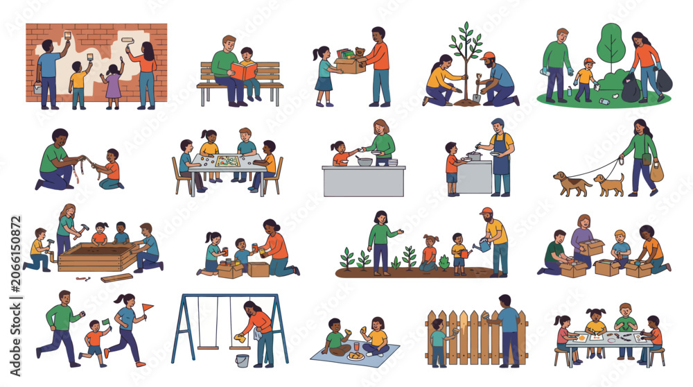 Fototapeta premium Flat Vector Illustration Set of Diverse Families, Parents Kids Doing Community, Educational Home Activities