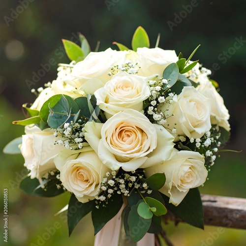 A beautiful bouquet of white roses with green leaves and a ribbon