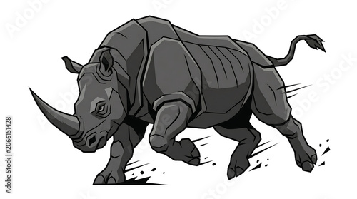 Powerful Gray Rhinoceros Charging Full Body Flat Vector Illustration for Graphic Design