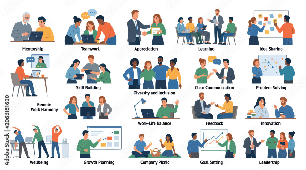 Fototapeta premium Flat Vector Illustration Set of Business Workplace Concepts, Teamwork, and Professional Development