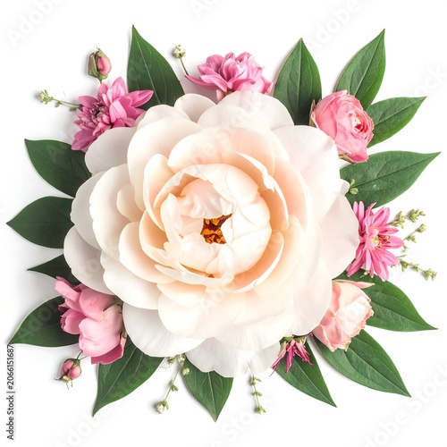 A beautiful floral arrangement featuring a large white peony surrounded by pink flowers and lush green leaves on a plain white background