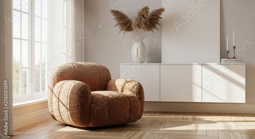 Cozy textured armchair bathed in warm sunlight next to a modern cabinet