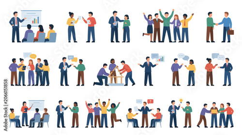 Business People Meeting and Working Together, Flat Style Vector Set