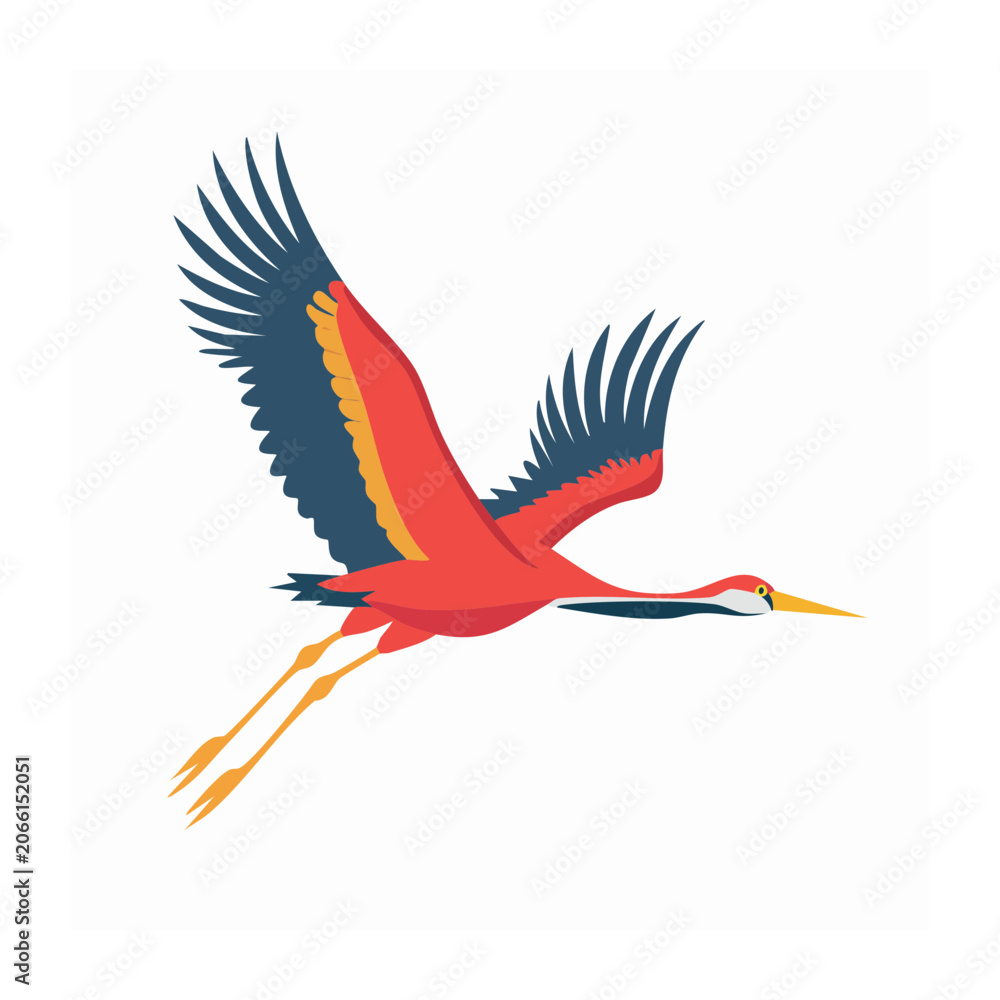 Obraz premium Flat design illustration of a red crane bird in flight