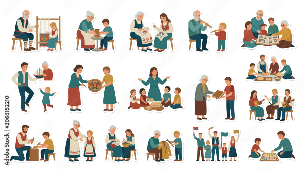Fototapeta premium Traditional Family Activities and Crafts, Vector Flat Illustration
