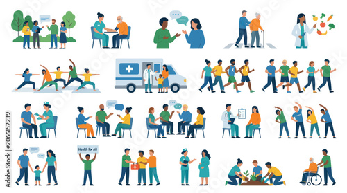 Diverse People in Health  Wellness: Flat Vector Icons for Medical Care, Exercise, and Support