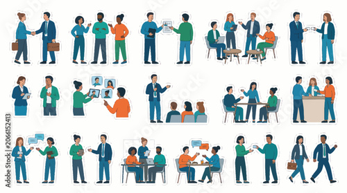 Business People Teamwork, Meeting  Interaction Flat Design Vector Illustrations Set