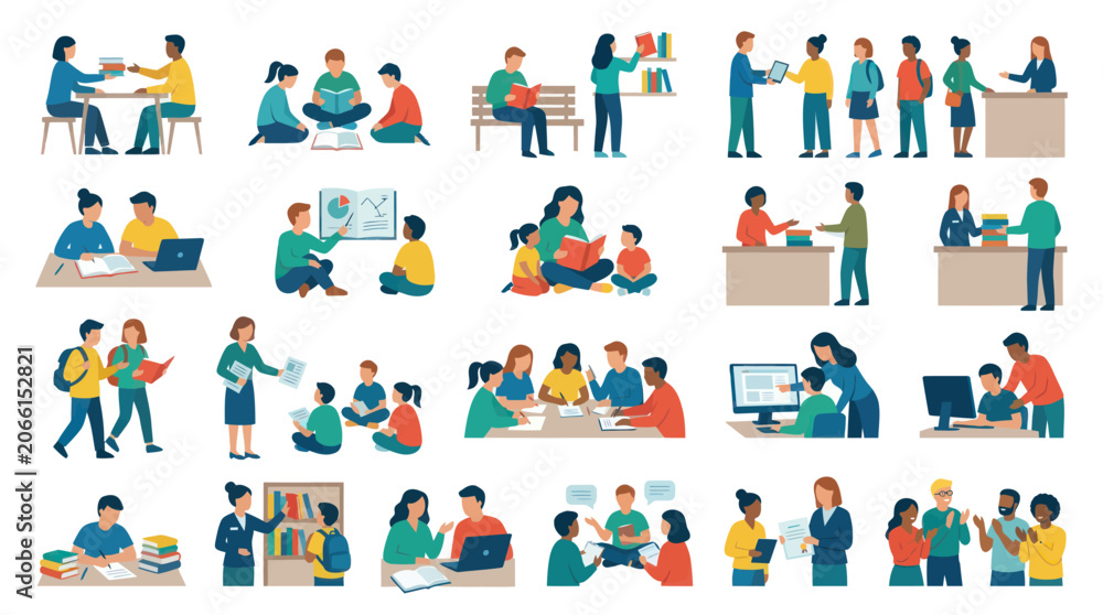 Fototapeta premium Flat Education Concepts Set: People Learning, Studying, Reading, and Teaching Vector Illustrations