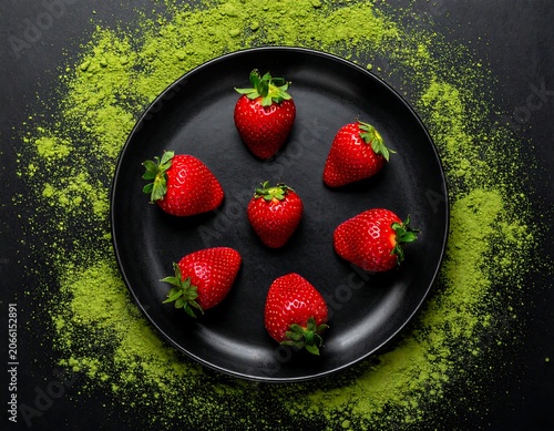 A black plate holds six vibrant red strawberries surrounded by green powder