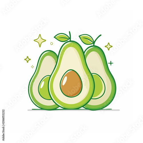 Three sliced avocados with leaves and sparkles