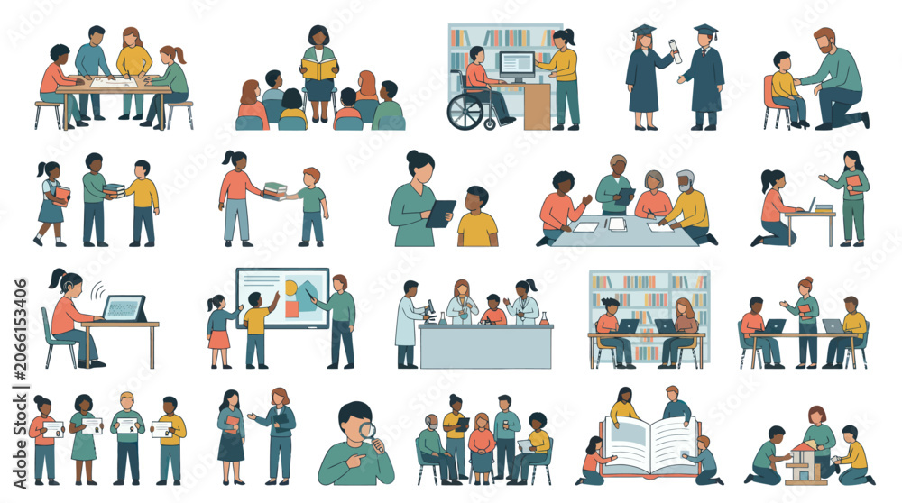 Fototapeta premium Education Flat Vector Illustration: Diverse Students and Teachers Learning and Mentoring Scenes Set