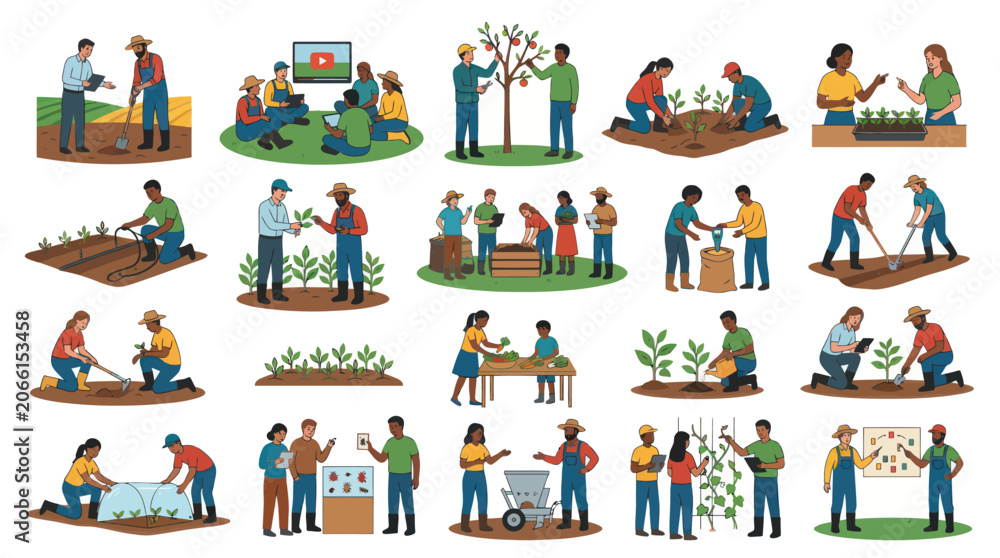 Fototapeta premium Sustainable Agriculture Farming Practices and Education Flat Vector Illustration Set with Diverse People