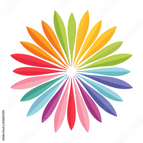Colorful abstract flower with petals in rainbow colors on white