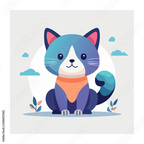 Cute blue and purple cat illustration with orange bandana