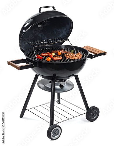 A black portable barbecue grill with food on the grill