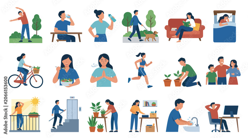 Fototapeta premium Flat Vector Illustration Set: Healthy Lifestyle Self-care Habits for Daily Wellbeing Routine