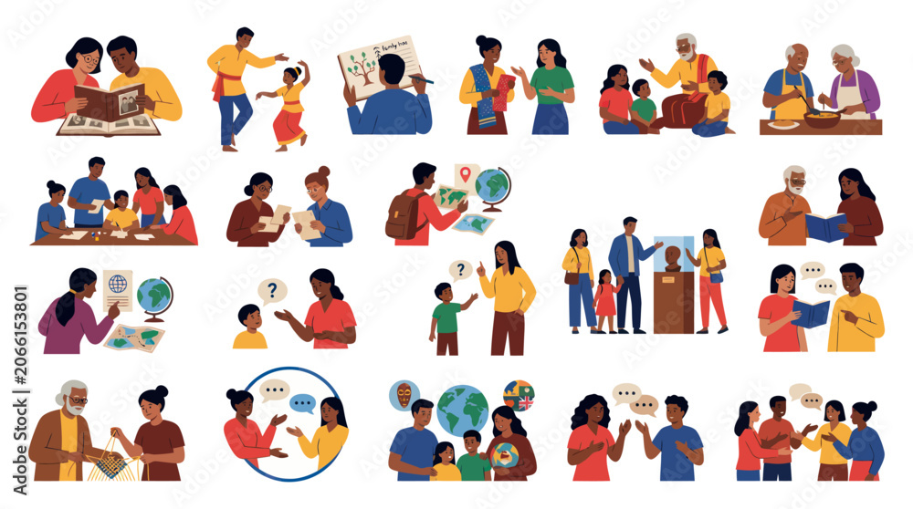 Fototapeta premium Flat Art Diverse People Learning, Communicating Interacting Illustrations for Education Family Life