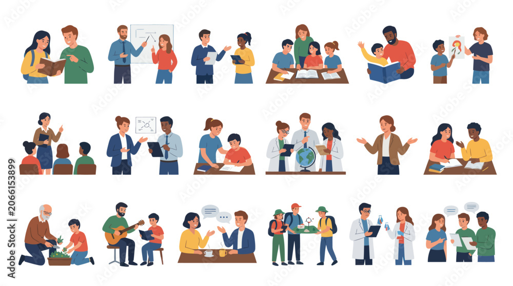 Fototapeta premium Flat Vector Illustrations of Diverse People Learning, Teaching, and Mentoring in Education