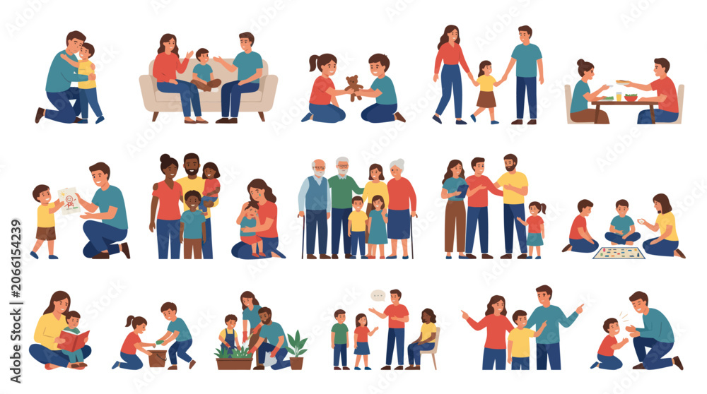 Fototapeta premium Flat Style Vector Family Life Illustrations - Parents and Children Together