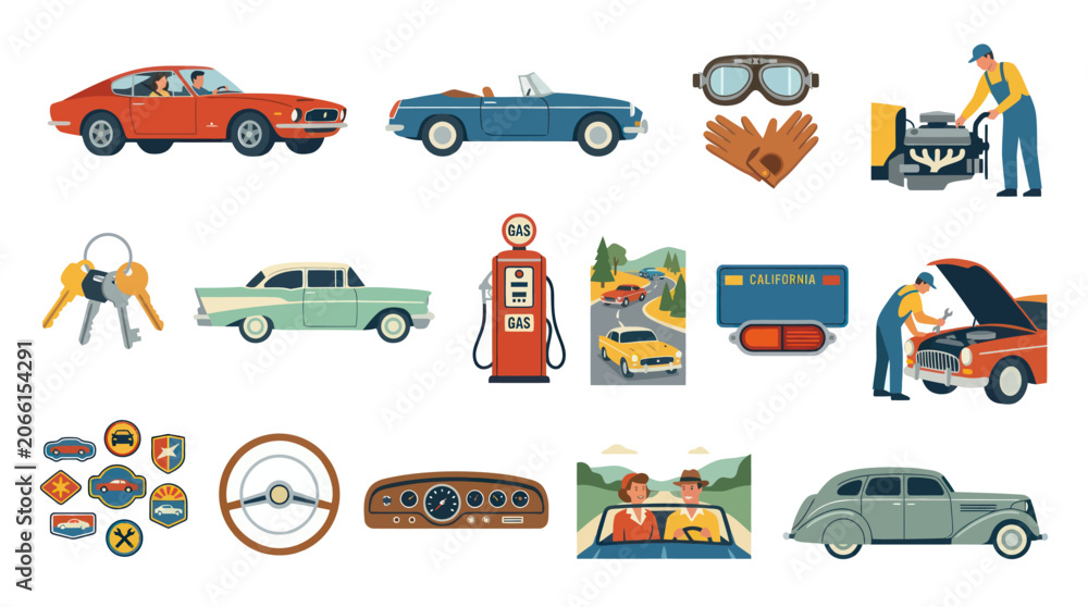 Naklejka premium Flat Style Vector Icons of Vintage Cars and Auto Repair Elements