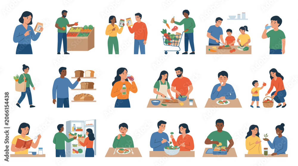 Fototapeta premium Healthy Food and Nutrition Activities Flat Illustration Set. People Shopping, Cooking, Eating, Reading Labels for a Balanced Diet.