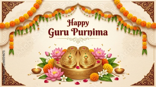 Happy guru purnima greeting with traditional paduka sandals and flowers