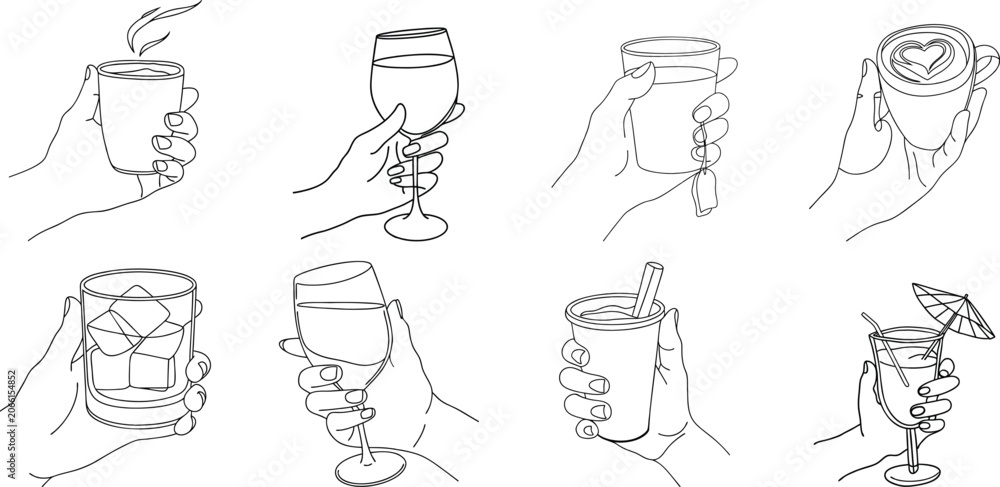 Fototapeta premium Hand drawn beverage glass collection showing different drinks held in hand sketches. Minimal line art illustrations isolated on white for hospitality, menu designs, branding, and guides.