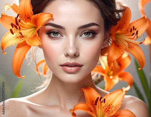A beautiful woman with orange flowers in her hair