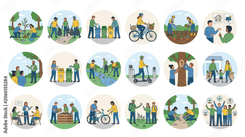 Naklejka premium Sustainable living concept, eco-friendly lifestyle illustrations, recycling, nature, renewable energy