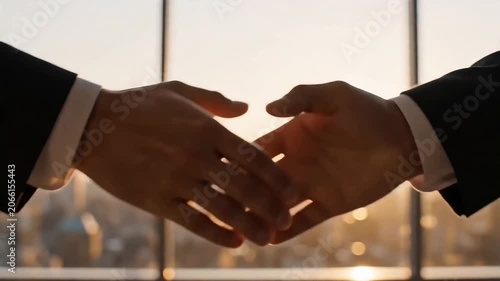 A close-up of two business-dressed men shaking hands against a blurred city skyline, bathed in golden light streaming through floor-to-ceiling windows.