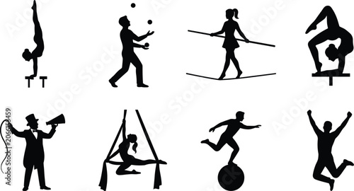 Foto Circus Performer Silhouettes Set with Acrobat Juggler Tightrope Walker and Aeria