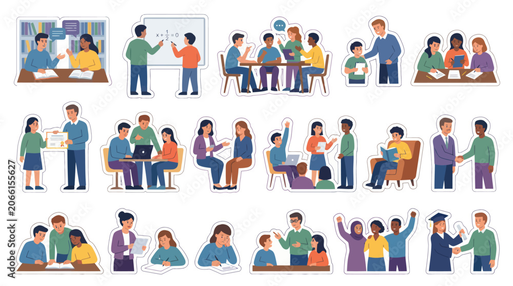 Fototapeta premium Education and Learning Flat Vector Illustration Set: Diverse Student and Teacher Scenes for School and University