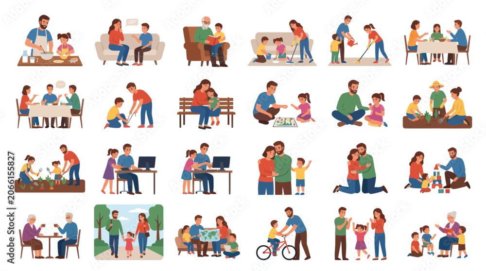 Fototapeta premium Flat Design Vector Illustrations of Family Life and Parenting: Happy People Engaging in Lifestyle Activities