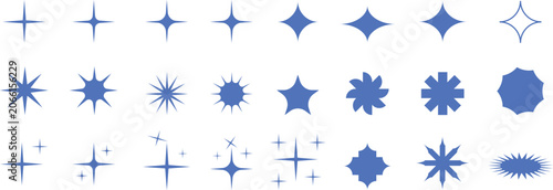 Schilderij op canvas Blue star sparkle icon set with twinkle, glitter and shine shapes, flat vector illustration collection for night sky design, magic effect and decorative pattern template