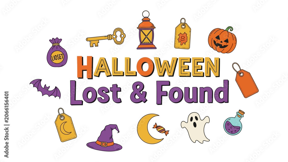 Fototapeta premium Halloween Lost and Found Concept Art: A charming illustration featuring Halloween icons like a pumpkin, ghost, witch hat, and bat, forming a playful Halloween Lost & Found message.