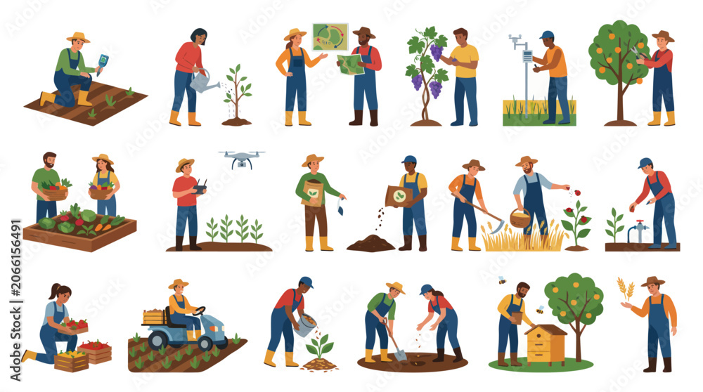Fototapeta premium Flat Style Farmers Farming Diverse Crops And Animals With Technology