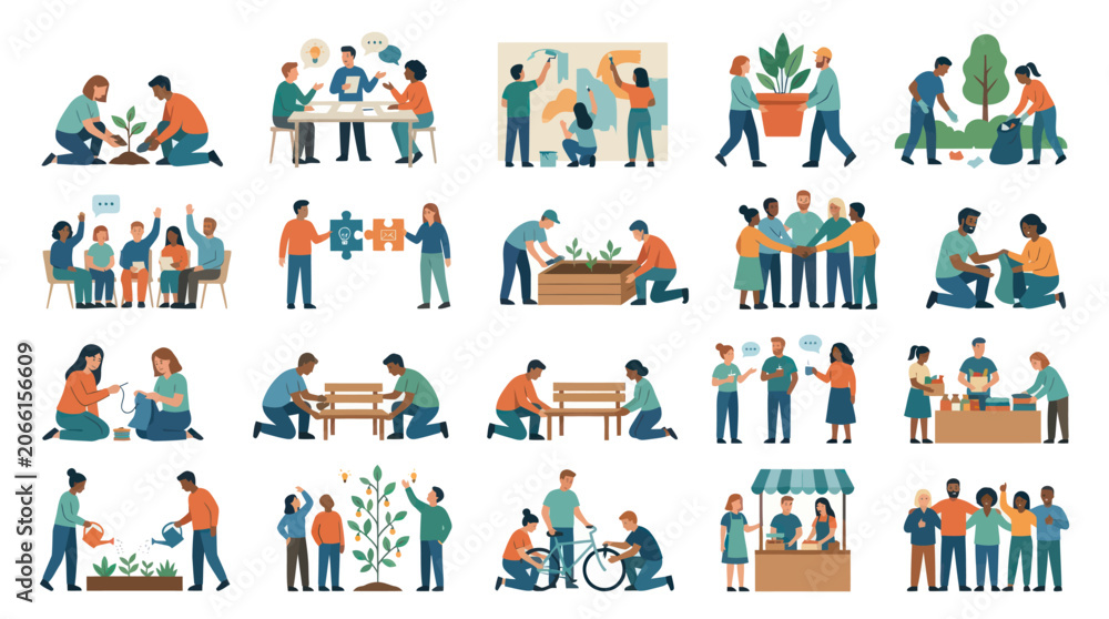 Naklejka premium Diverse People Together Volunteering, Gardening, Building, Teaching, Community Activity Flat Art