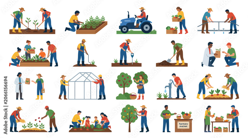 Naklejka premium Flat illustration of farmers and garden work, agriculture and healthy food