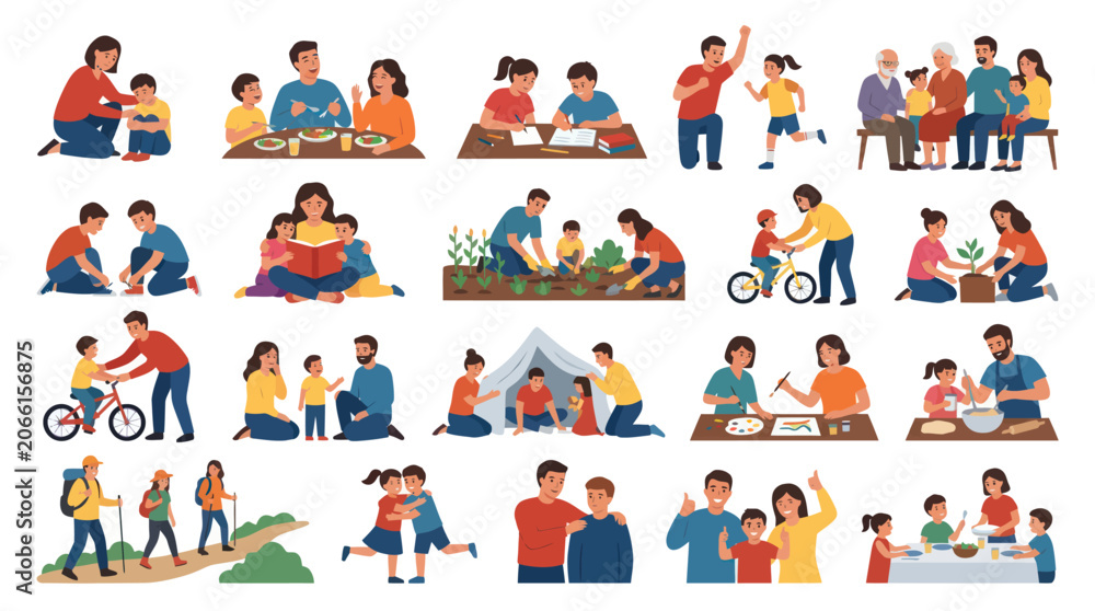 Fototapeta premium Happy Family Activities Flat Vector Illustration Set: Parents, Children, Grandparents Bonding, Learning Playing