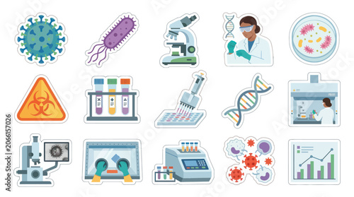 Flat Vector Medical Science  Biotechnology Icons Set. Laboratory Research, Virus, DNA, and Scientist Stickers.