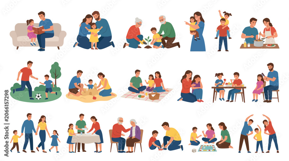 Fototapeta premium Happy Family Lifestyle Flat Vector Illustration Set: Parents, Children, Grandparents Bonding Activities