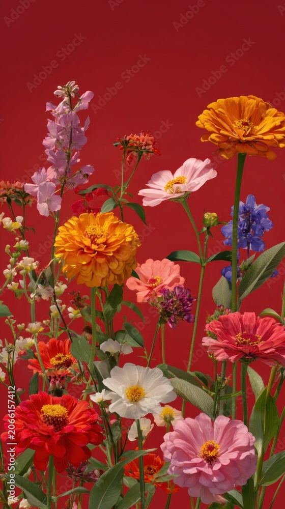 Fototapeta premium Vibrant flowers against red backdrop.