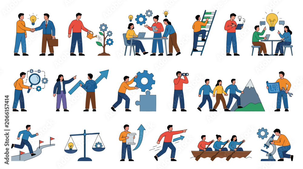 Fototapeta premium Flat Vector Business Concepts Illustration Set with Diverse People, Lightbulbs, Gears, and Growth Symbols